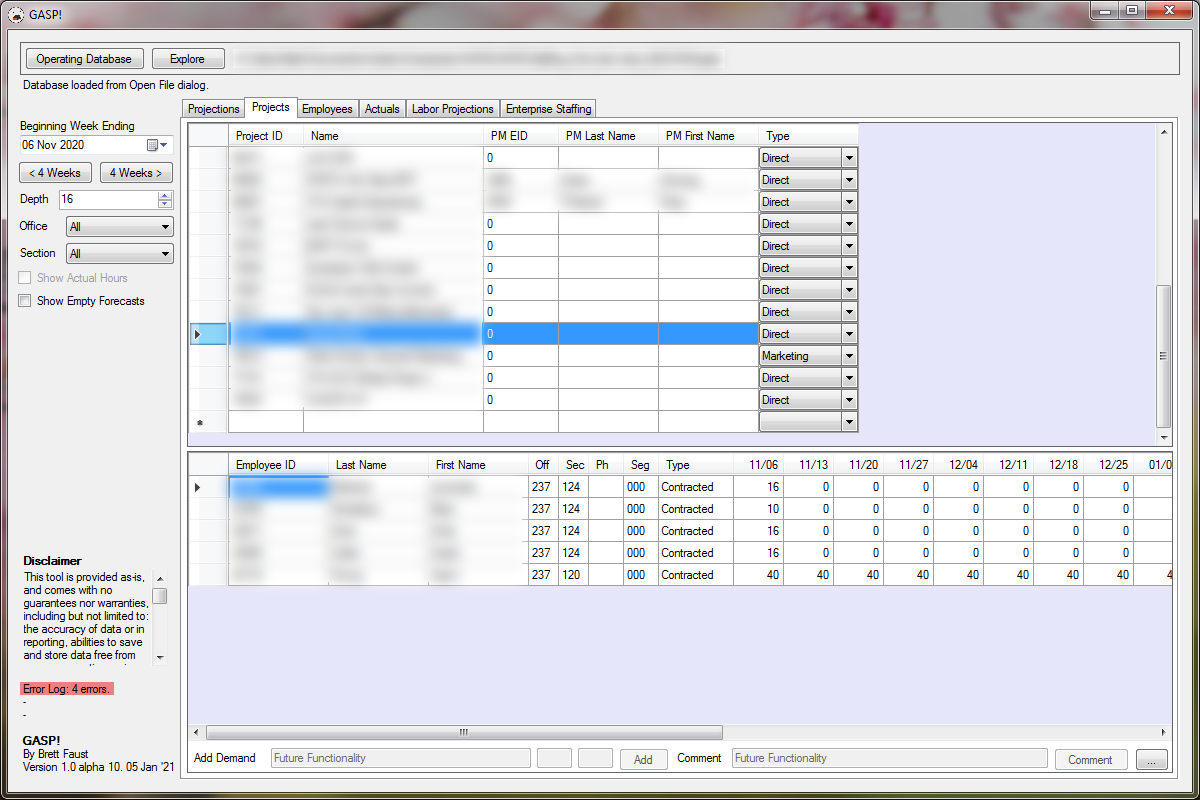 Screenshot of GASP Projects screen.